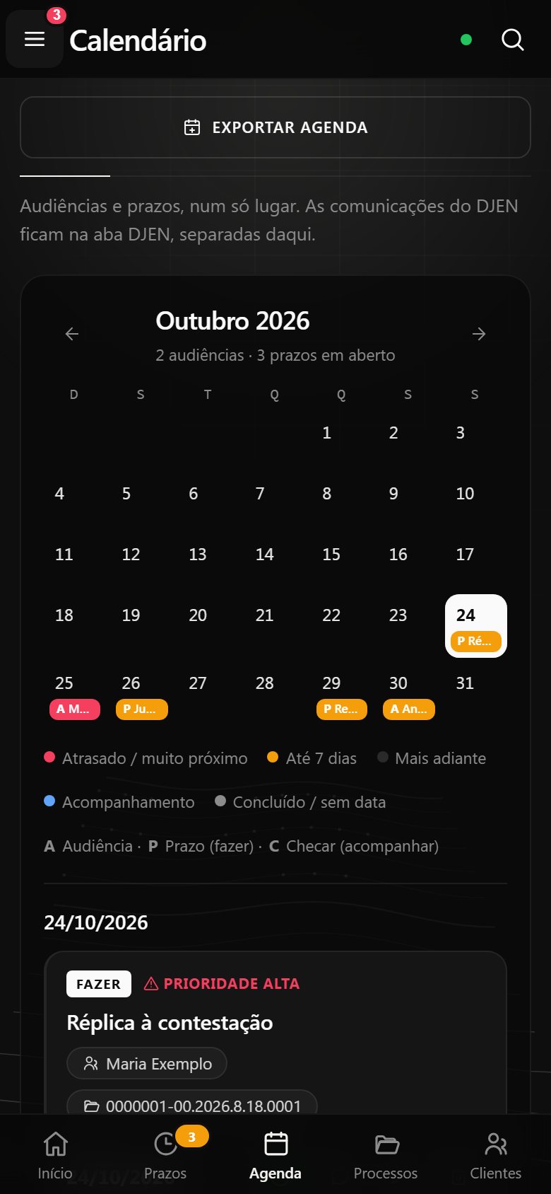 Tela do calendário