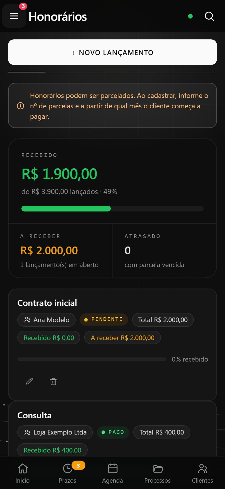 Tela de honorários
