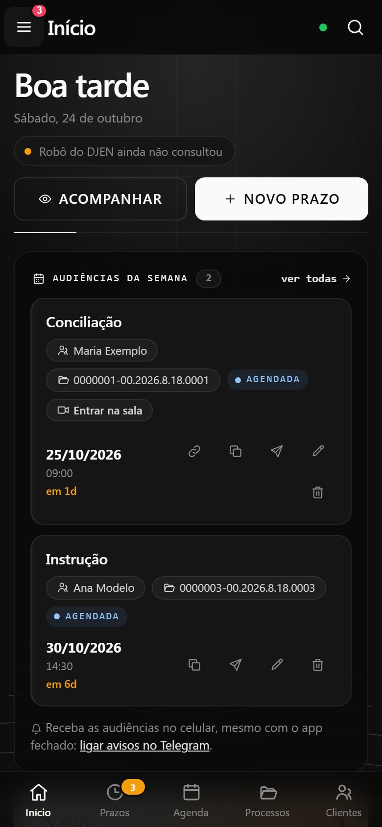 Tela inicial do LLAW App com as audiências da semana em destaque