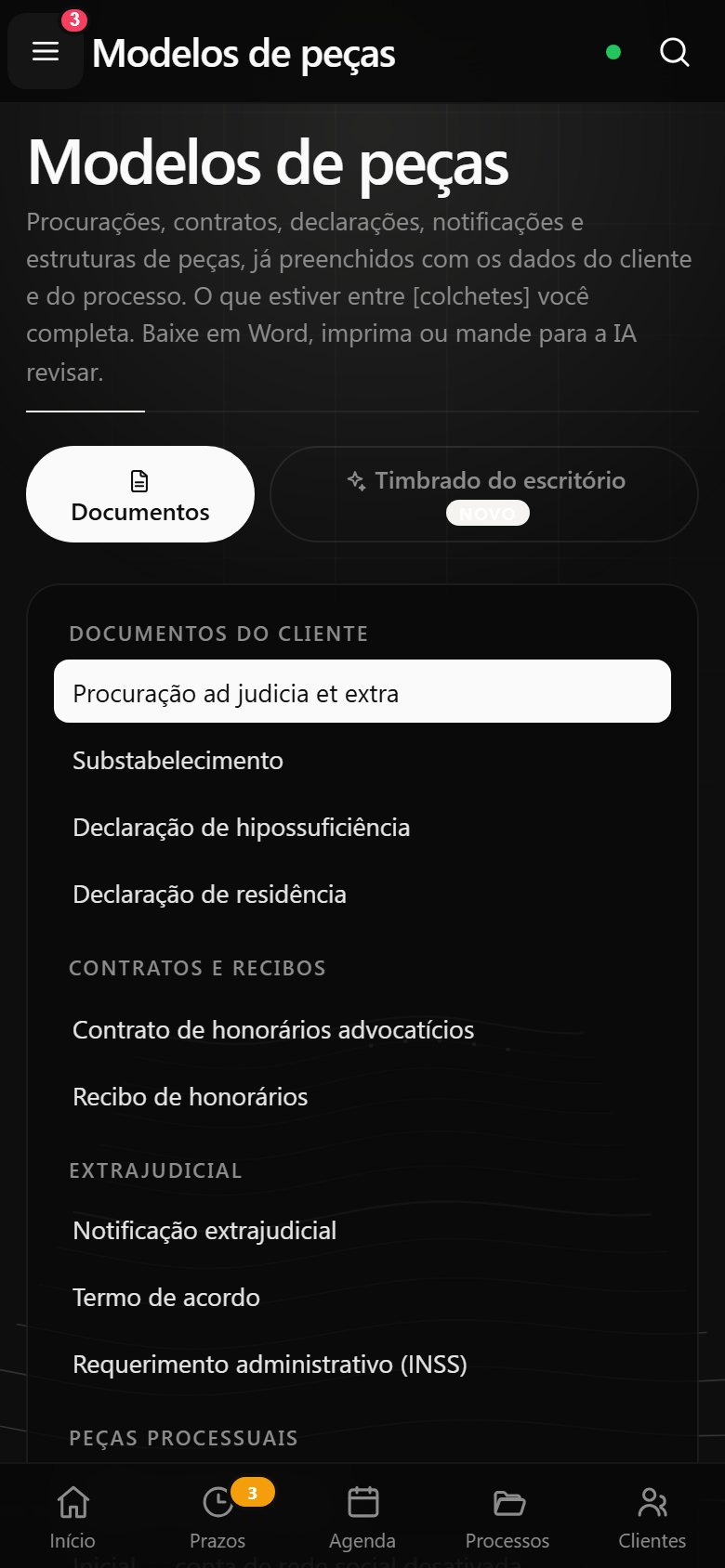 Tela de modelos de peças
