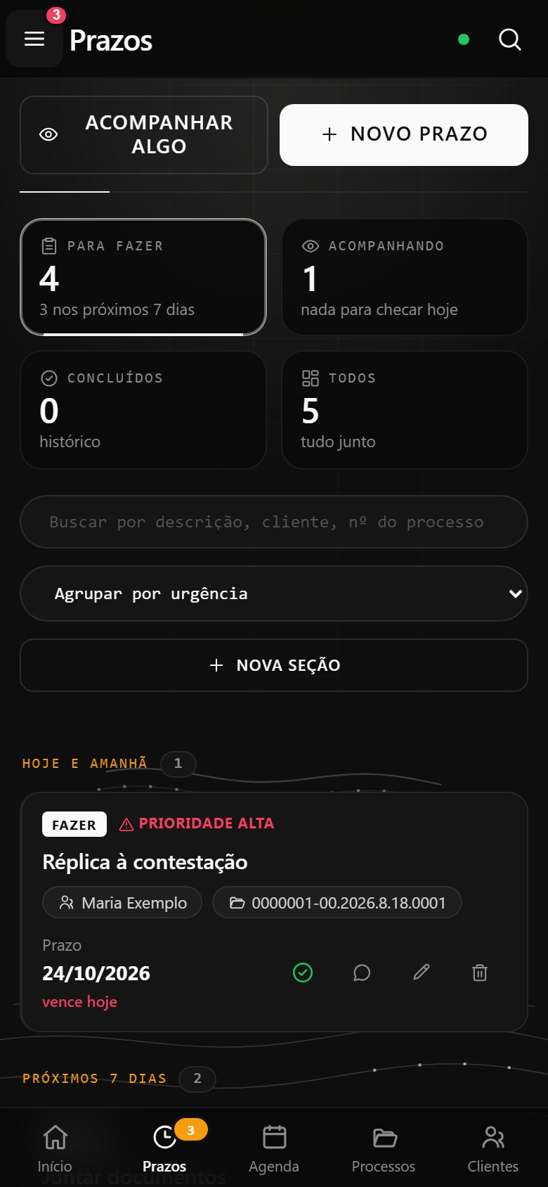 Tela de prazos