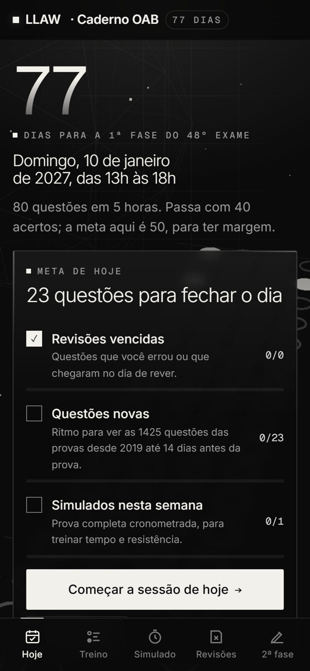 Tela Hoje do Caderno OAB: contagem de dias para a prova e a meta do dia