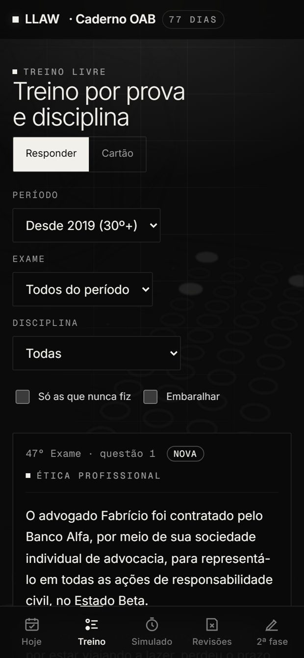 Tela Treino do Caderno OAB: filtros por período, exame e disciplina e uma questão de Ética Profissional