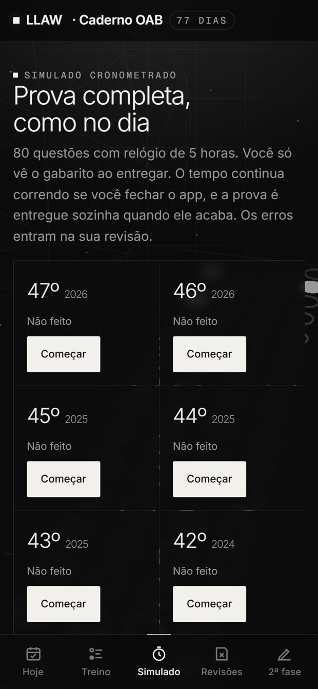 Tela Simulado do Caderno OAB com as provas do 47º ao 42º Exame