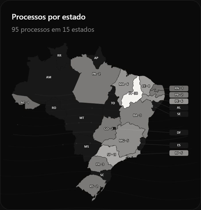 Aba Mapa do LLAW App no celular: mapa do Brasil com a quantidade de processos em cada estado
