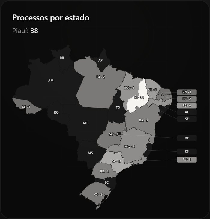 Mapa com o Piauí selecionado e 38 processos